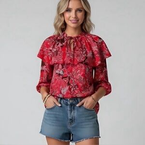 Paisley & Floral Print  Lace Up Front Ruffle Trim Blouse